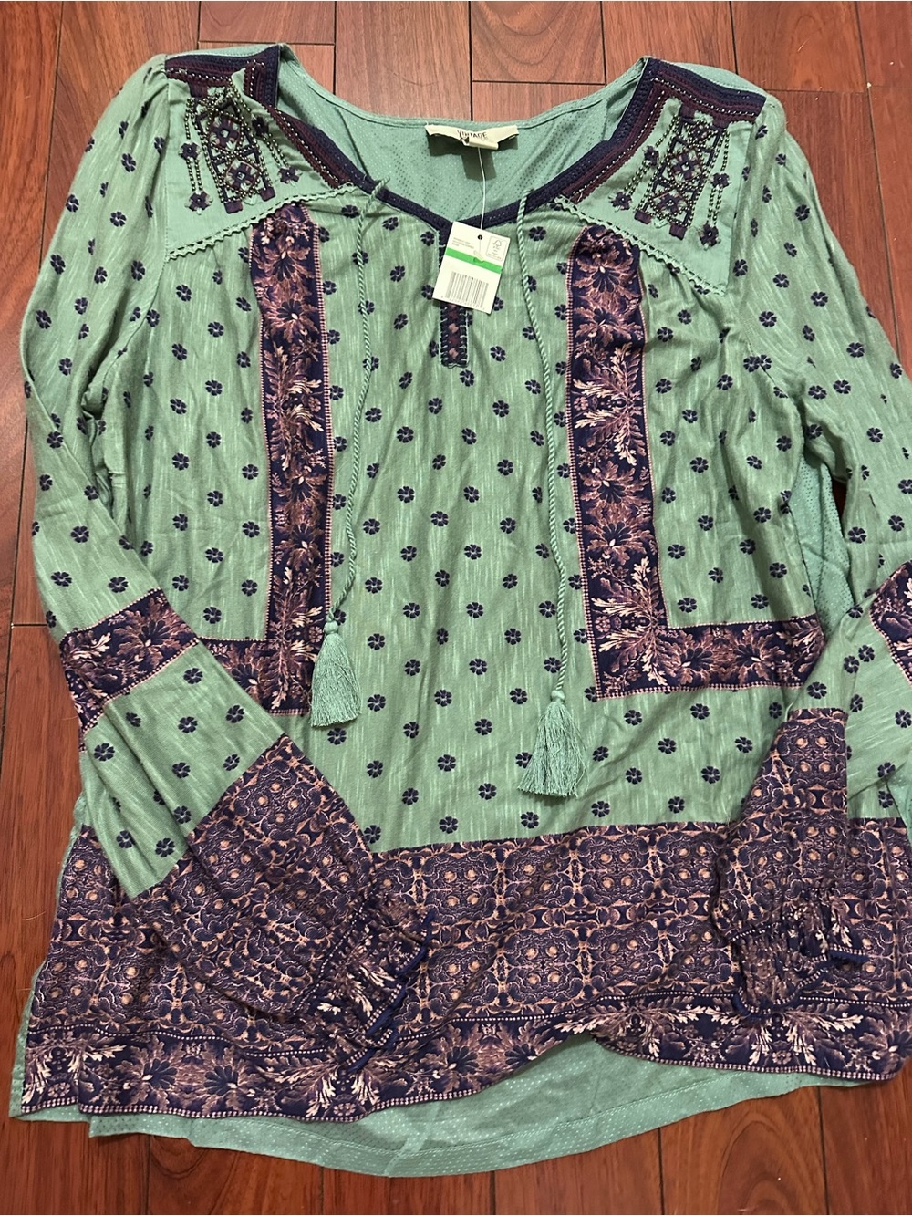 Vintage America Mint Green and Navy Embroidered Boho Tunic